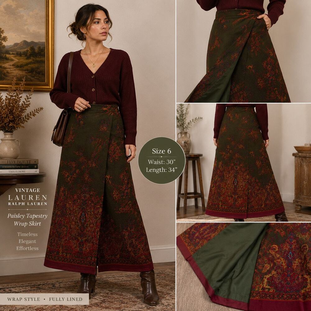 Vintage Lauren Ralph Lauren Paisley Wrap Midi Skirt Wool Blend Boho 6 Equestrian - Picture 10 of 10